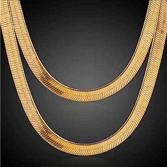 Gold Herringbone Flat Necklace Bracelet Set, Unisex, Two Piece 4mm - Picture 7 of 10